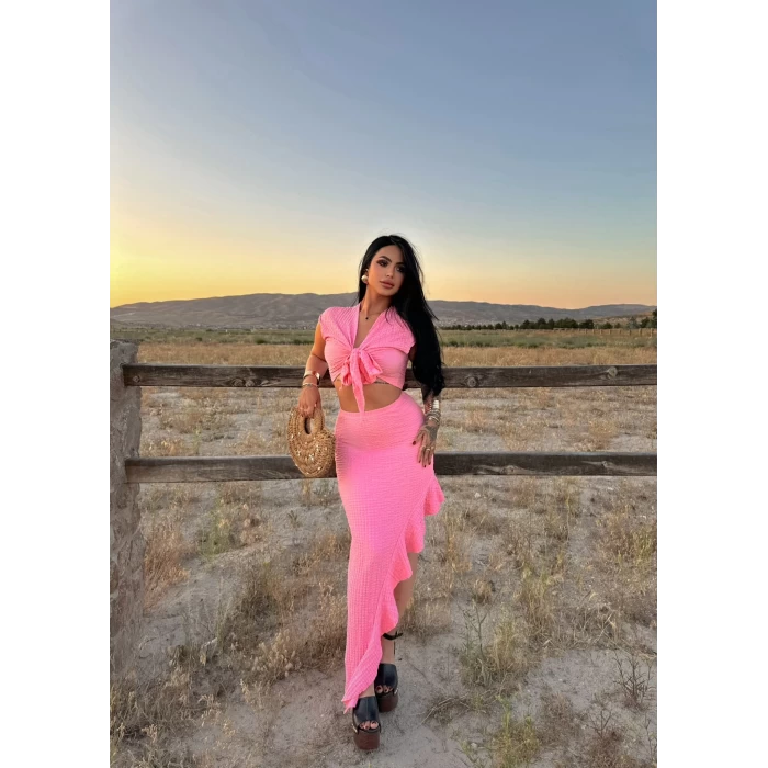 Pembe Önü Bağlamalı Etekli İkili Takım