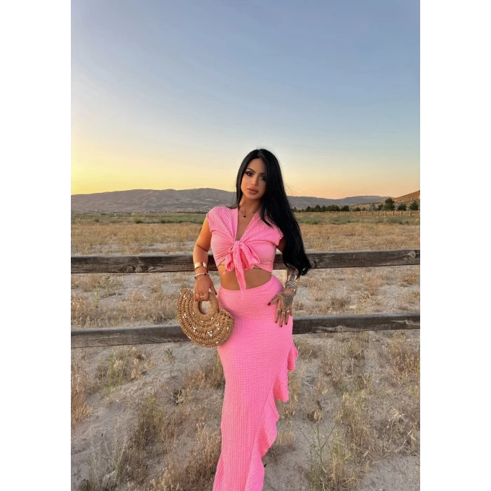 Pembe Önü Bağlamalı Etekli İkili Takım