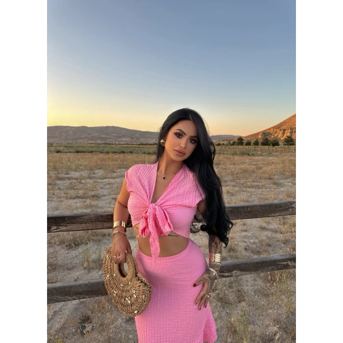 Pembe Önü Bağlamalı Etekli İkili Takım