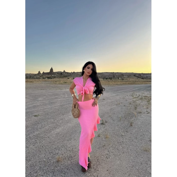 Pembe Önü Bağlamalı Etekli İkili Takım