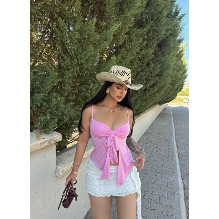 Pembe Önü Fiyonklu Kelebek Crop