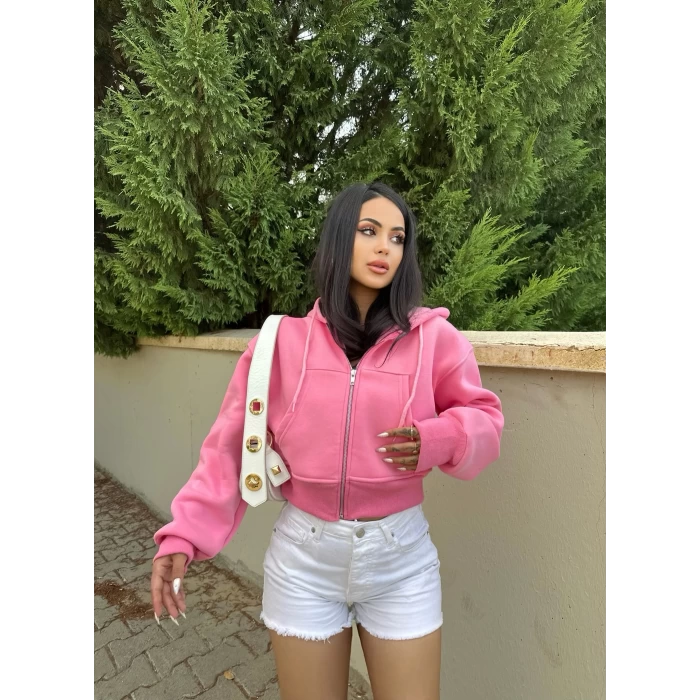 Pembe Üç İplik İçi Şardonlu Sweat