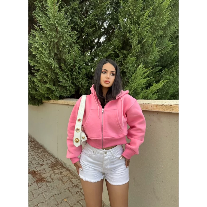 Pembe Üç İplik İçi Şardonlu Sweat