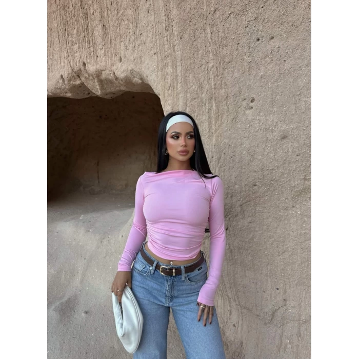 Pembe Yaka Degaje Büzgülü Crop