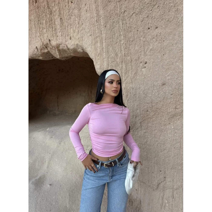 Pembe Yaka Degaje Büzgülü Crop