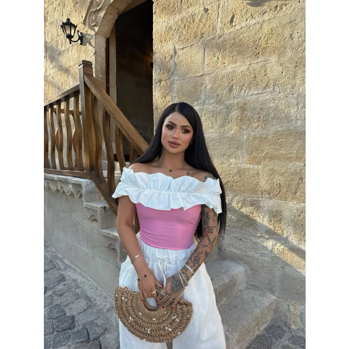 Pembe Yaka Fırfırlı Fitilli Crop