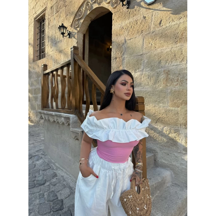 Pembe Yaka Fırfırlı Fitilli Crop