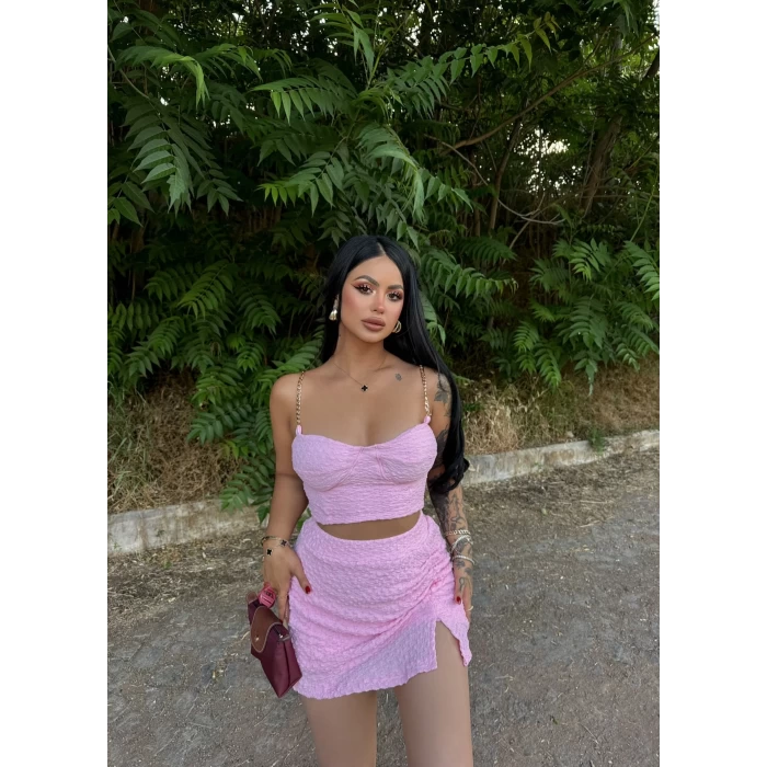 Pembe Zincir Askılı Gofre İkili Takım
