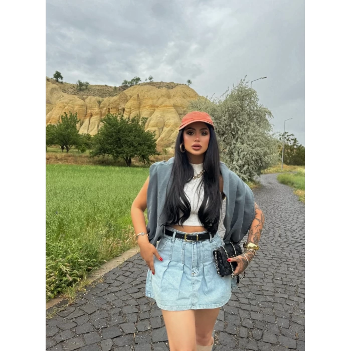 Pileli Denim Etek