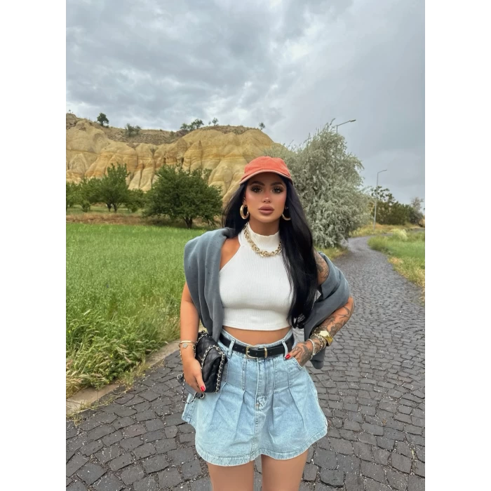 Pileli Denim Etek