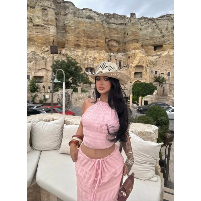 Pudra Gipeli Şifon Astarlı İkili Takım