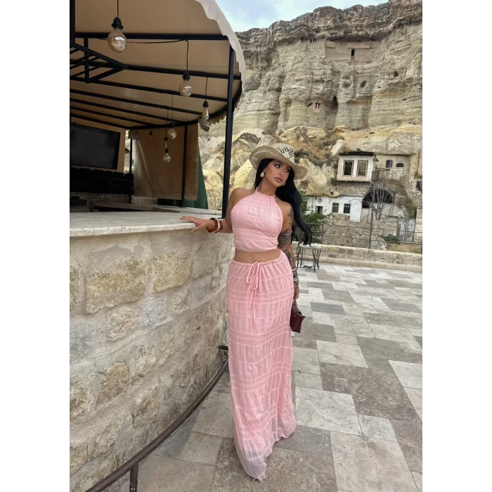 Pudra Gipeli Şifon Astarlı İkili Takım
