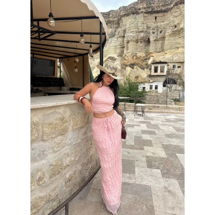 Pudra Gipeli Şifon Astarlı İkili Takım