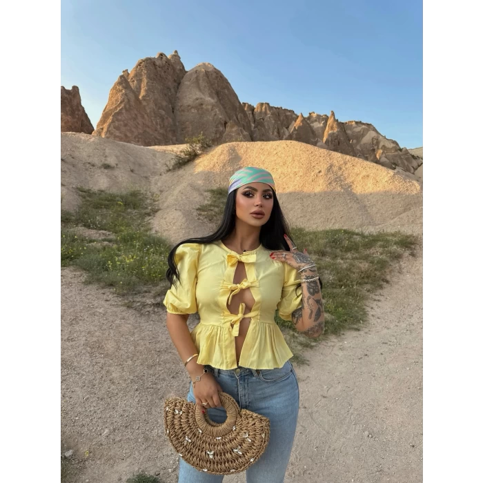 Sarı Balon Kol Poplin Bluz