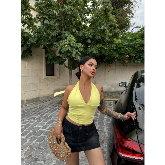 Sarı Boyundan Bağlamalı Kapaklı Crop