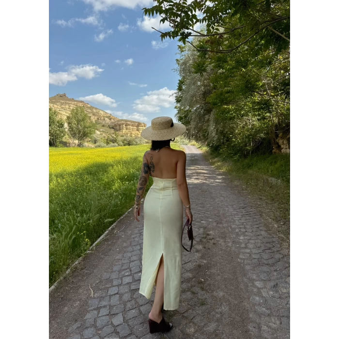 Sarı Boyundan Bağlamalı Keten Elbise
