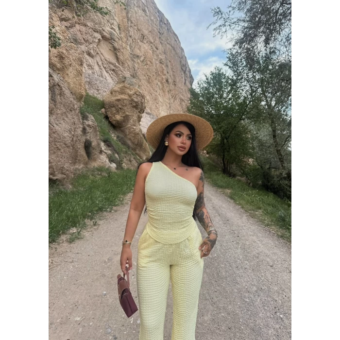 Sarı Gofre Tek Omuz İkili Takım
