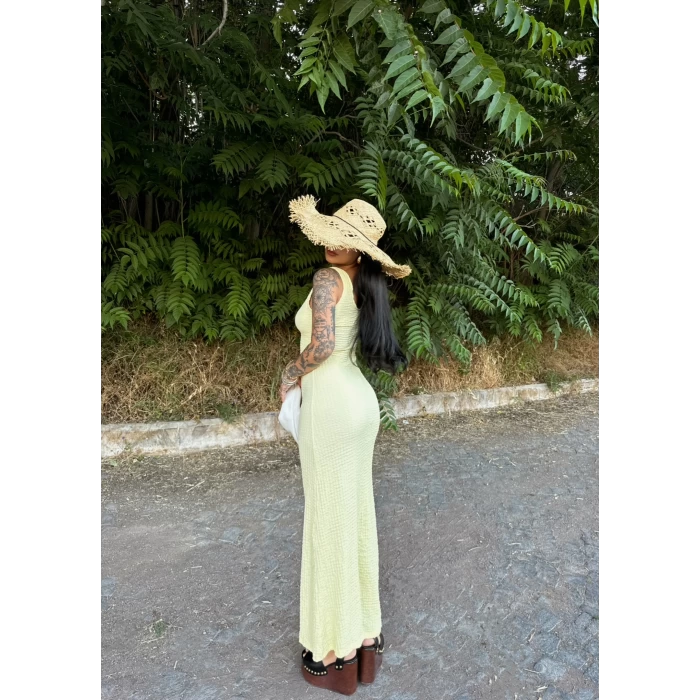 Sarı Halter Gofre Elbise