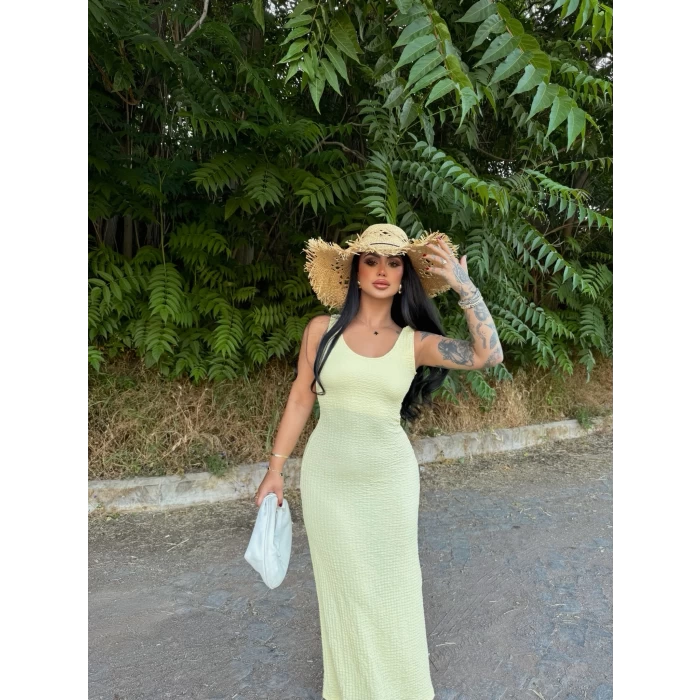 Sarı Halter Gofre Elbise