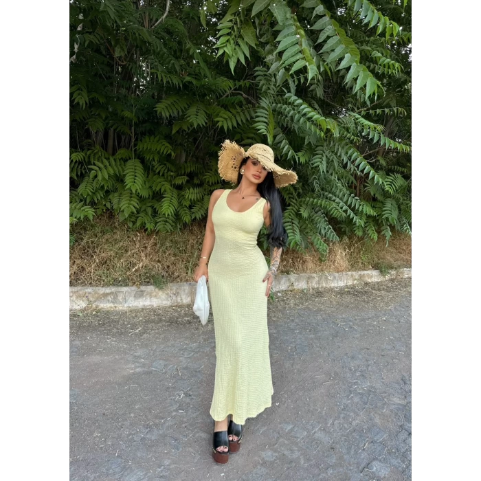 Sarı Halter Gofre Elbise