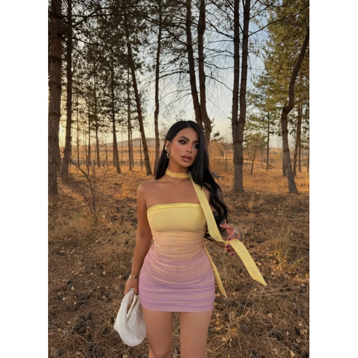 Sarı Renk Geçişli Fularlı Elbise