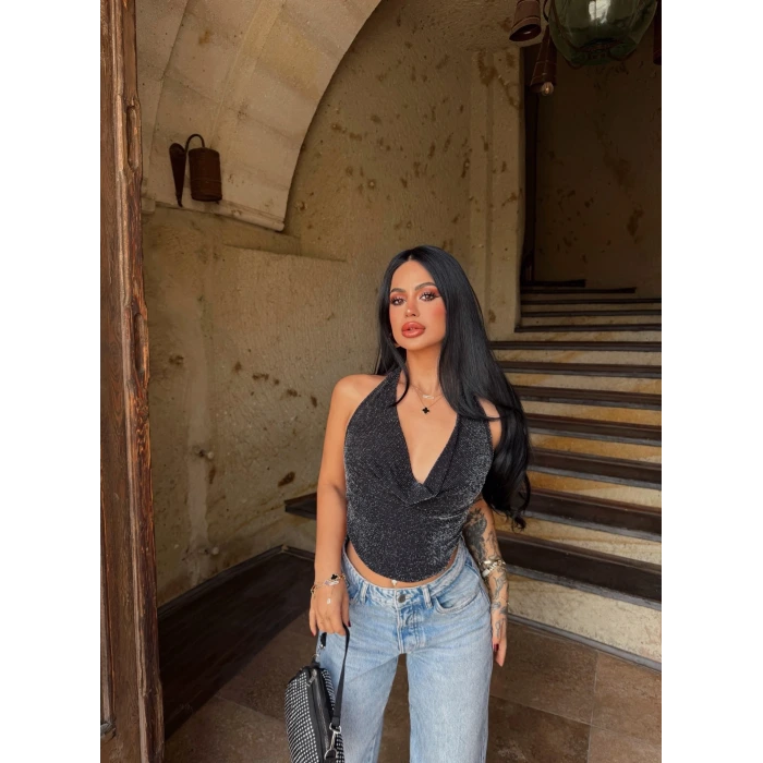 Sırt Açık Simli Crop