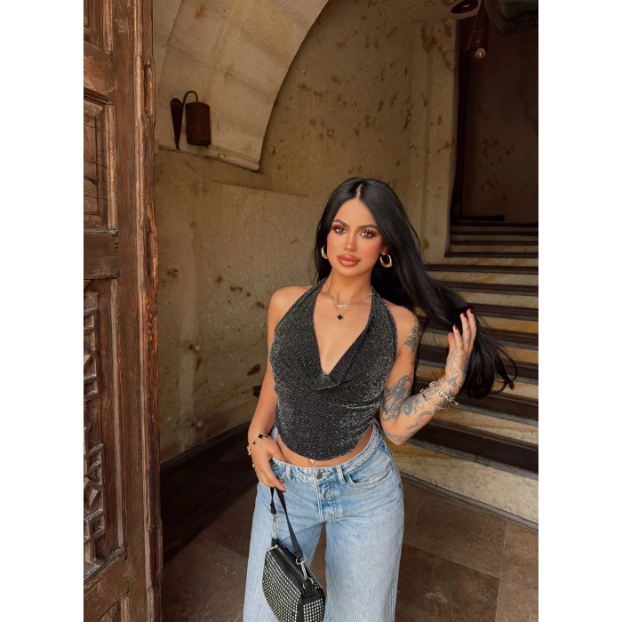 Sırt Açık Simli Crop