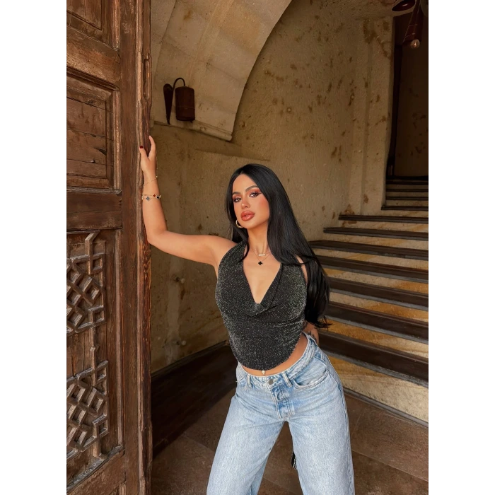 Sırt Açık Simli Crop