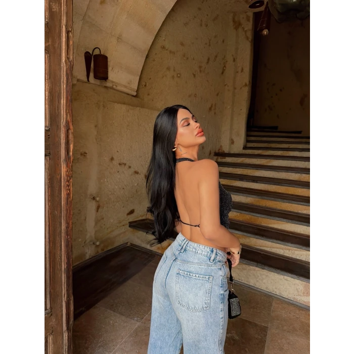 Sırt Açık Simli Crop