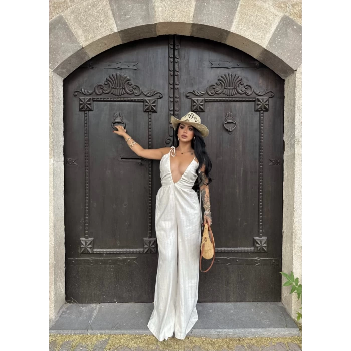 Sırt Dekolte Keten Tulum
