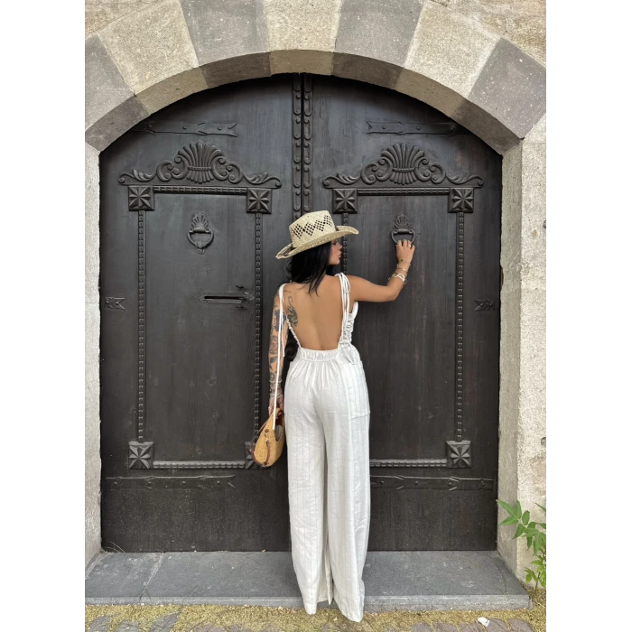 Sırt Dekolte Keten Tulum