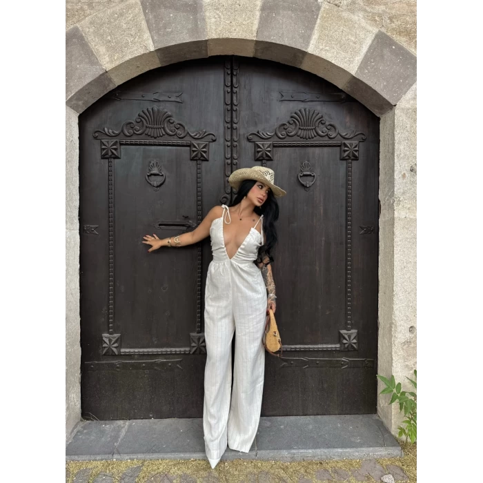 Sırt Dekolte Keten Tulum