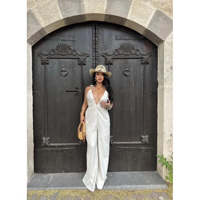 Sırt Dekolte Keten Tulum