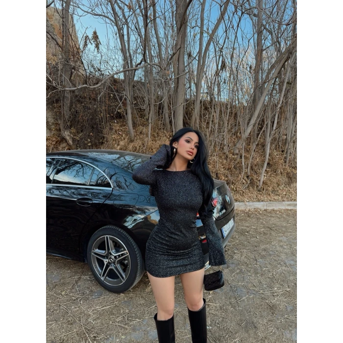 Sırt Dekolte Simli Elbise