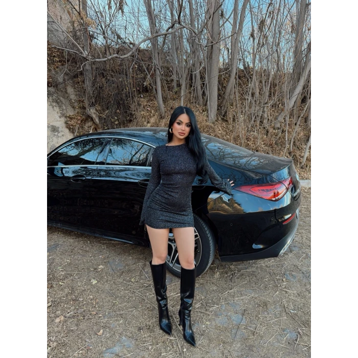 Sırt Dekolte Simli Elbise