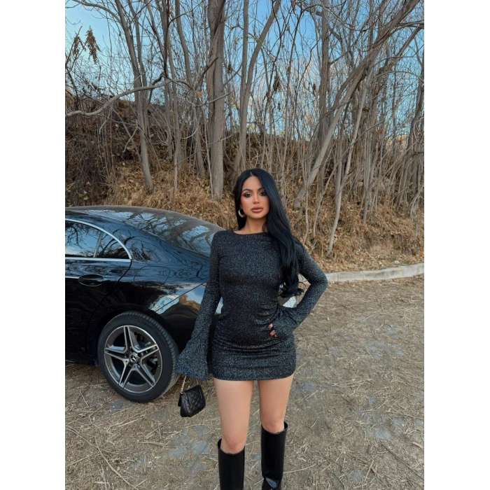 Sırt Dekolte Simli Elbise