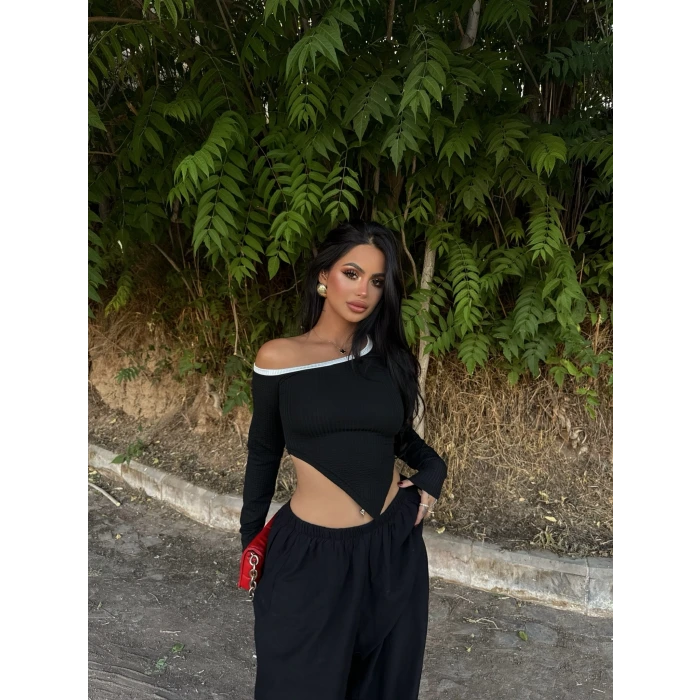 Siyah Asimetrik Biyeli Crop