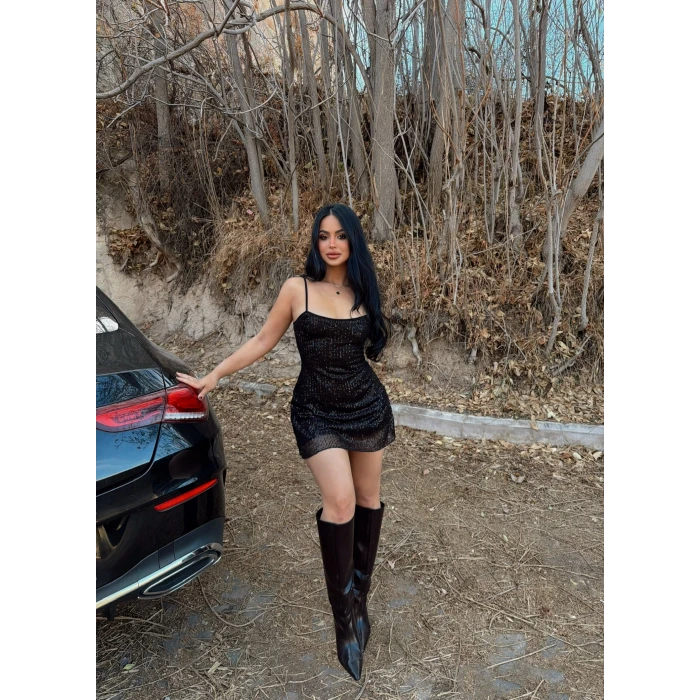 Siyah Askılı Mini Taşlı Elbise