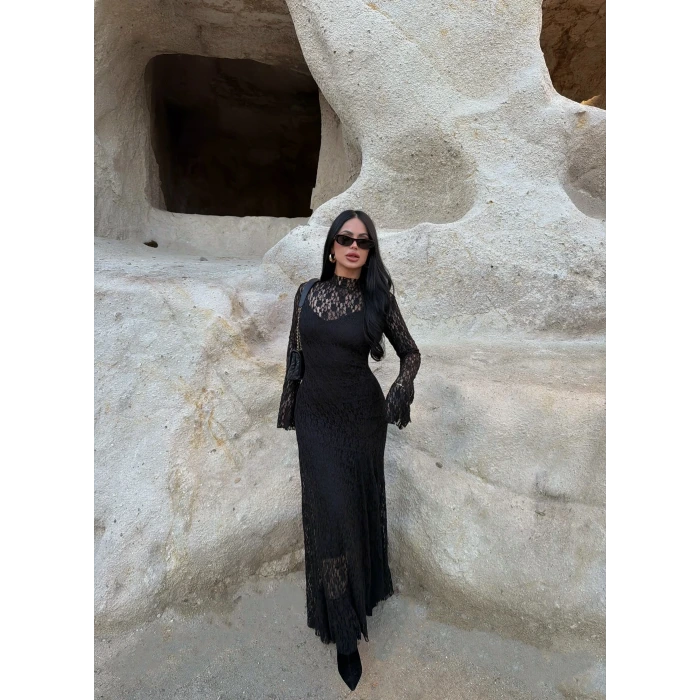 Siyah Astarlı Maxi Dantel Elbise