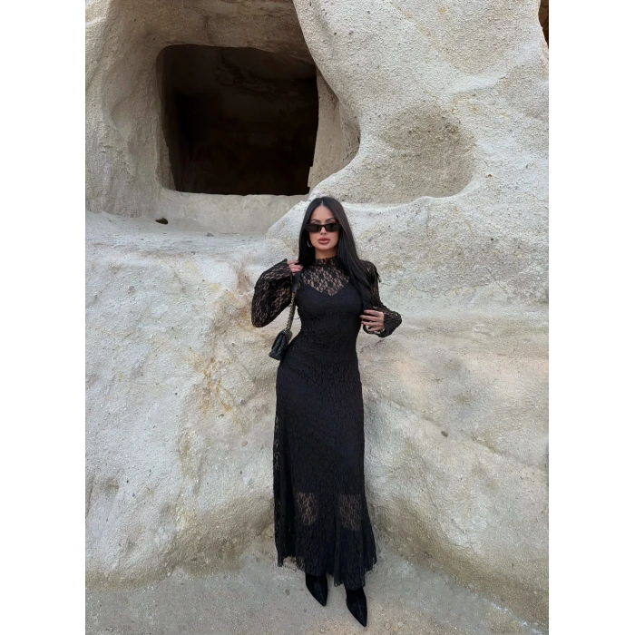 Siyah Astarlı Maxi Dantel Elbise