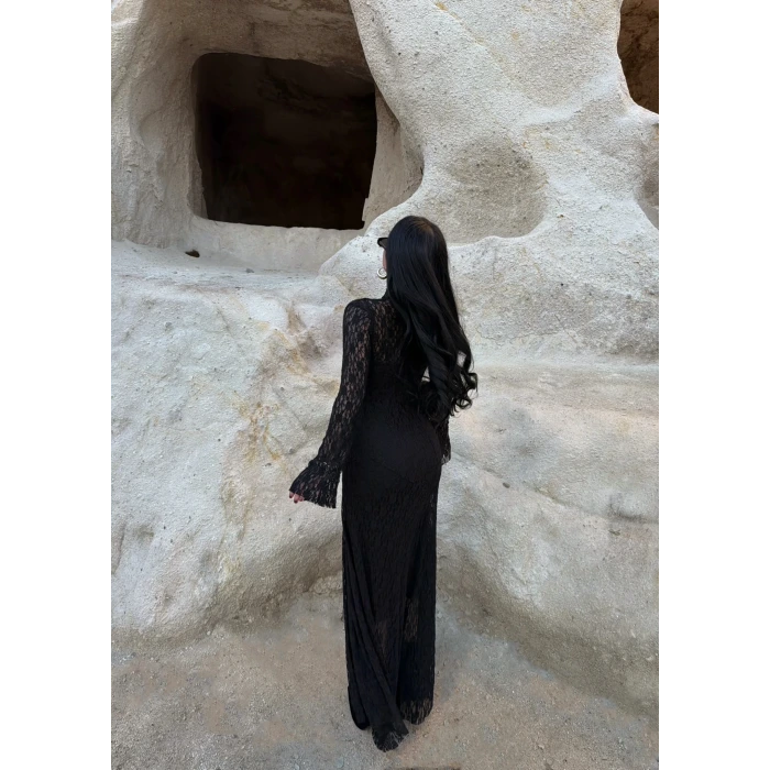 Siyah Astarlı Maxi Dantel Elbise