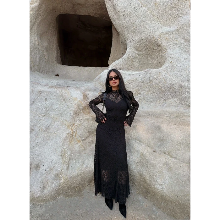 Siyah Astarlı Maxi Dantel Elbise