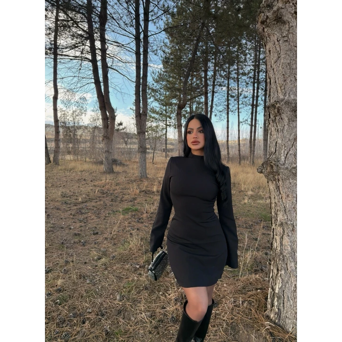 Siyah Balıkçı Yaka Sırt Dekolte Çan Elbise