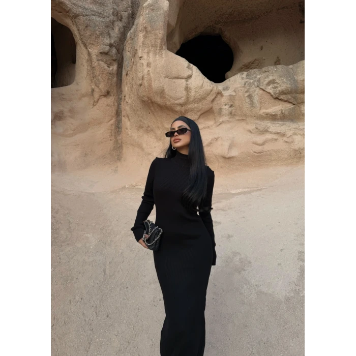 Siyah Balıkçı Yaka Triko Elbise