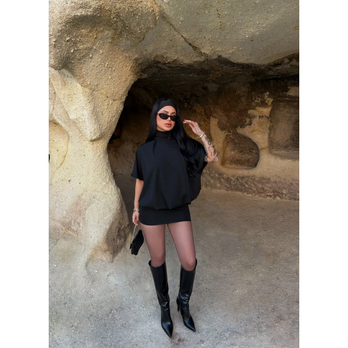 Siyah Balıkçı Yaka Yarasa Elbise