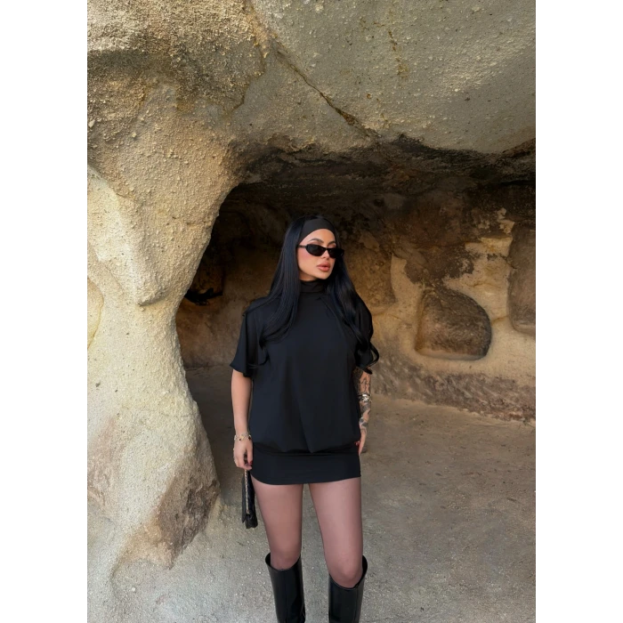 Siyah Balıkçı Yaka Yarasa Elbise
