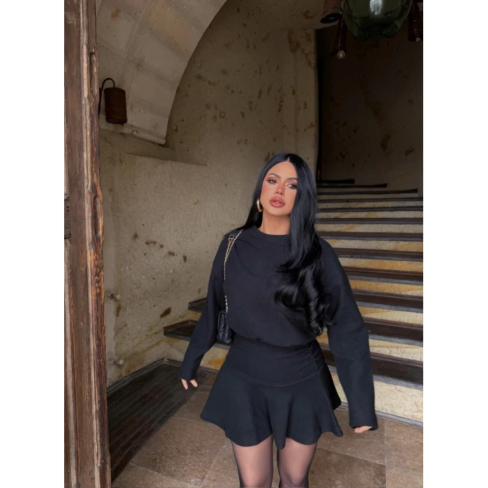 Siyah Bel Büzgülü Selanik Elbise