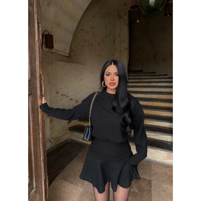 Siyah Bel Büzgülü Selanik Elbise