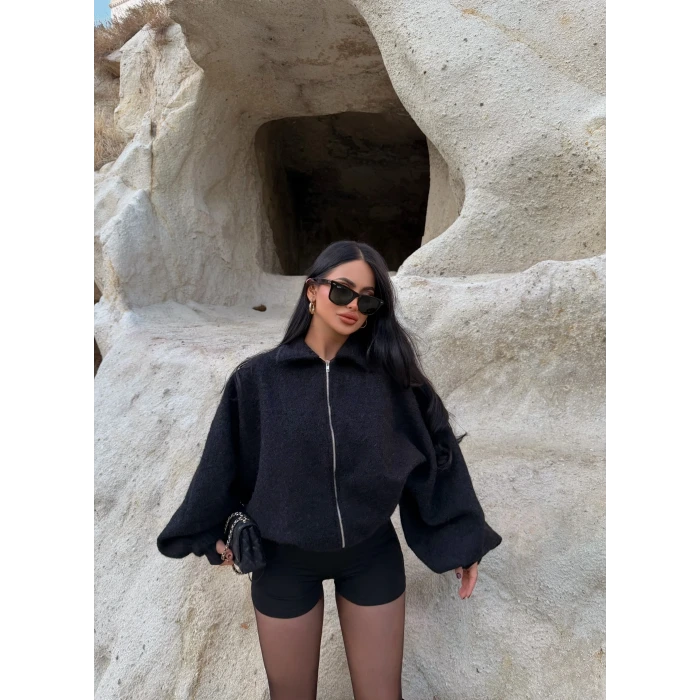 Siyah Bel Lastikli Kaşe Bomber Ceket