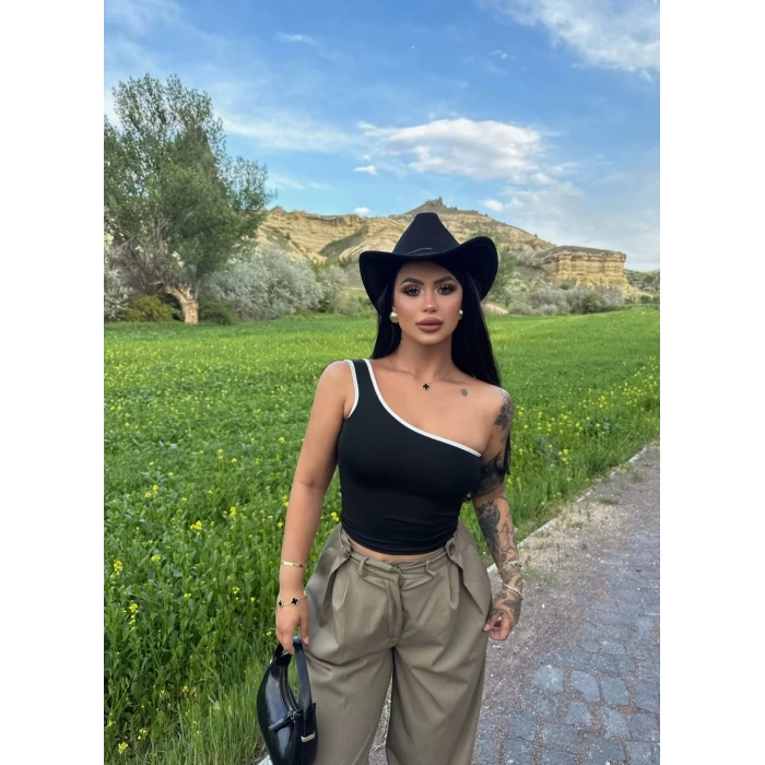 Siyah Biyeli Tek Omuz Dalgıç Crop